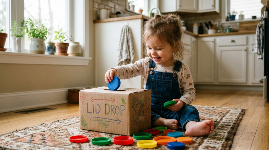 A toddler engaging in screen free activities for 2 year olds with a homemade posting box.