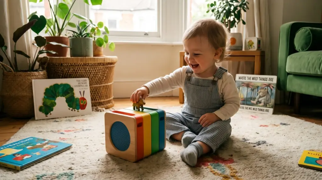 A young child using a durable screen free audio player for kids during playtime at home