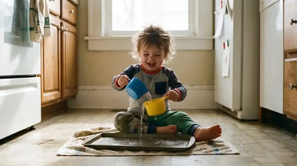 Screen free activities for toddlers featuring simple water pouring play on a kitchen floor.