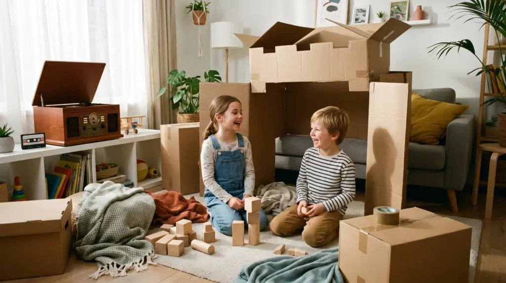 Children engaging in creative screen free activities for kids with cardboard blocks on a living room floor.