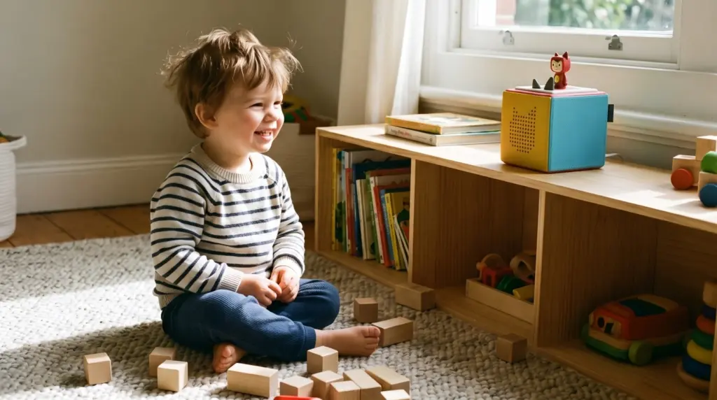 A young child listening to audio stories for toddlers during quiet floor play at home.