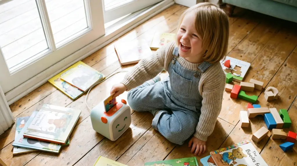 A young child using the best kids audio player during creative playtime in a playroom.