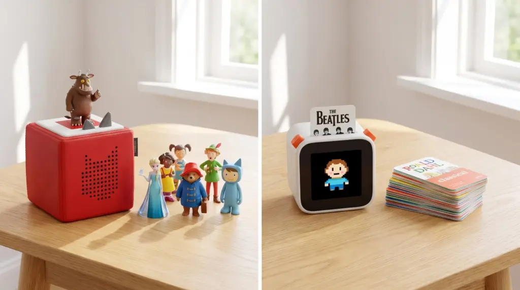Toniebox vs Yoto Player sitting side by side for a screen-free audio comparison.