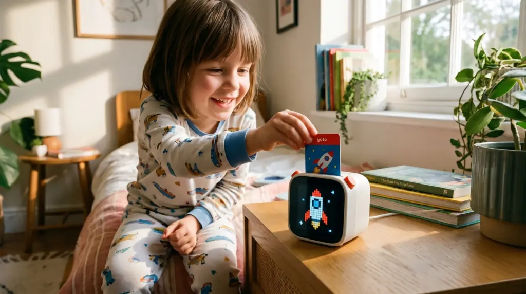 Yoto Player review showing a child inserting an audio card into the player.