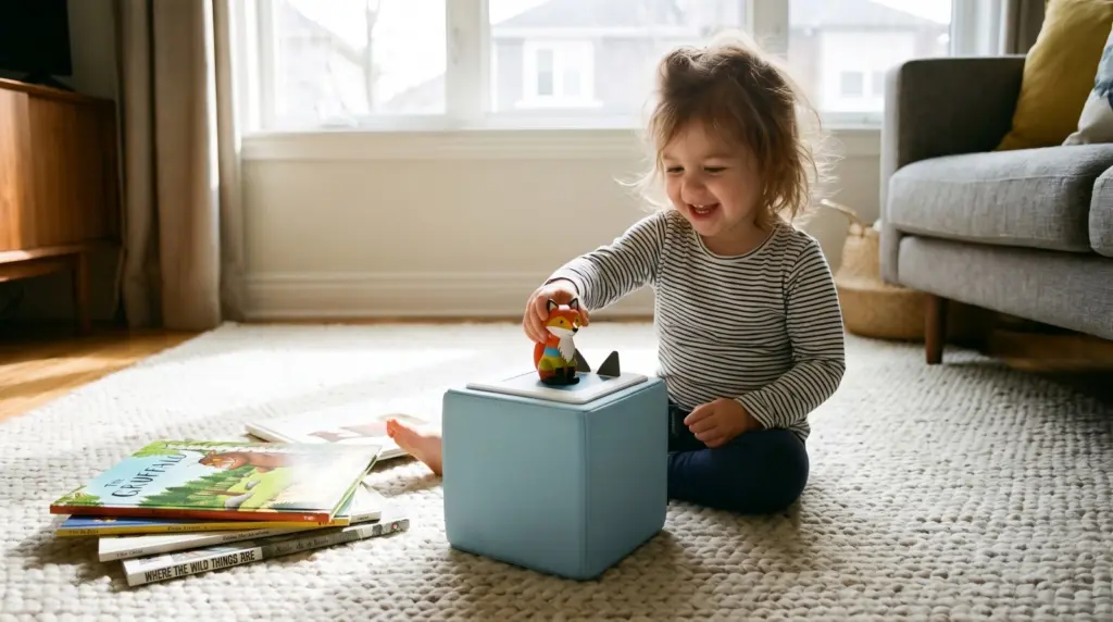 Toniebox review showing a toddler placing a figurine on the player during playtime.