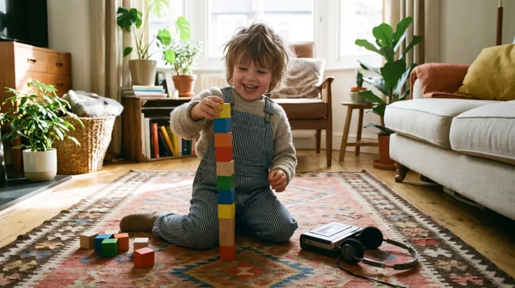 A young child listening to audio books for preschoolers during creative block play at home.