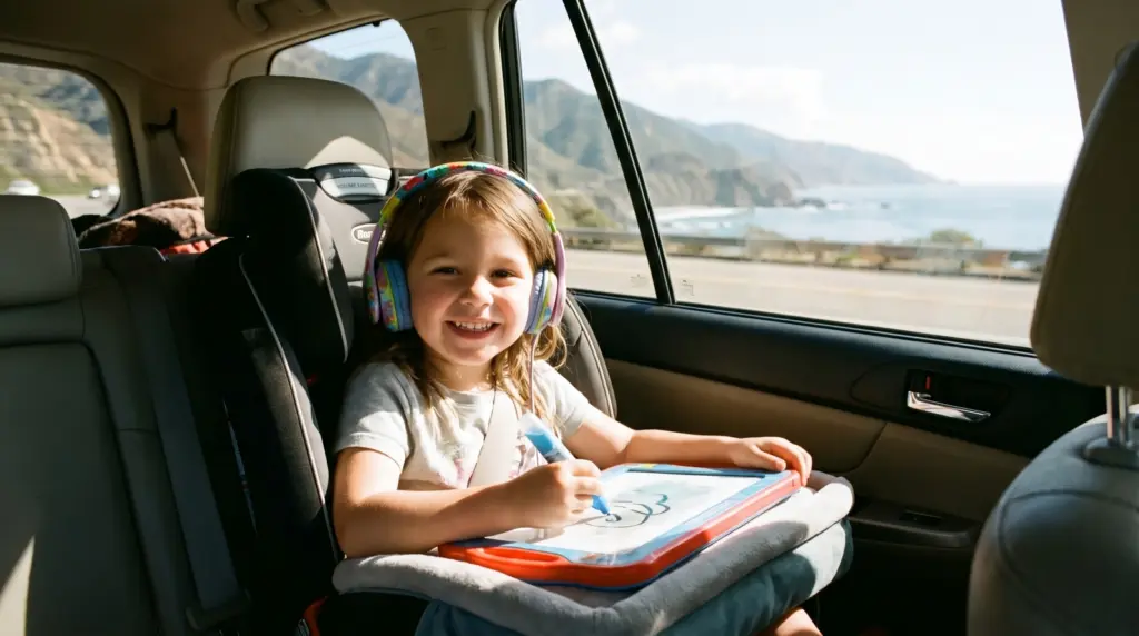A child enjoying screen free travel activities in a car seat during a family road trip.