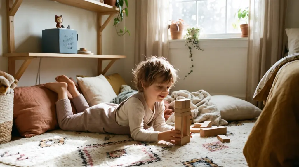 A young child engaged in screen free quiet time ideas on a bedroom rug with blocks and an audio player.
