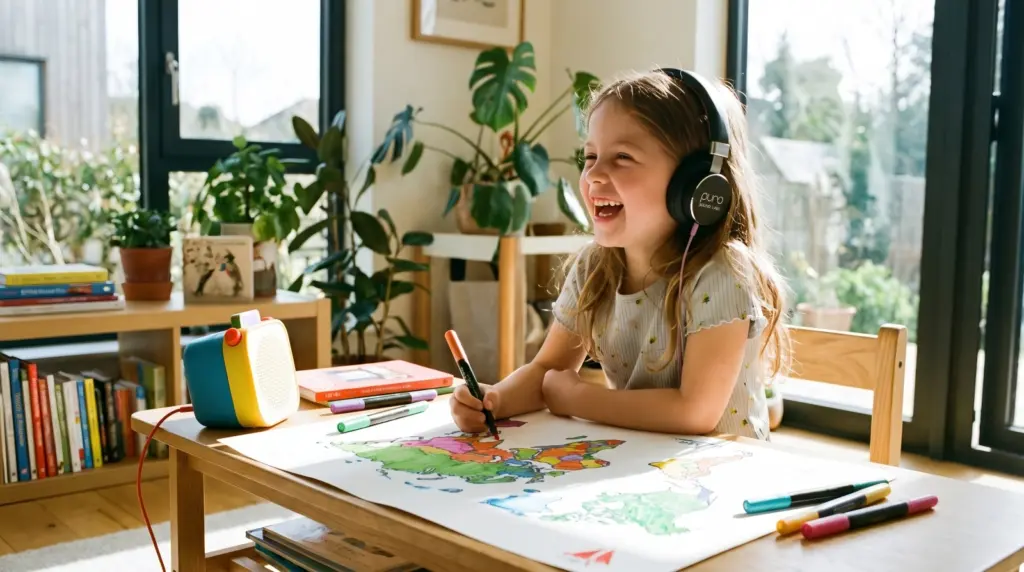 A young student demonstrating how to use audio stories for learning while drawing a map at home.