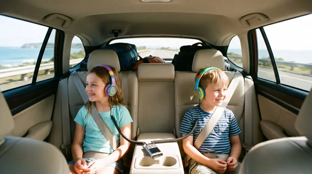 Children listening to kids podcast recommendations during a family car ride.