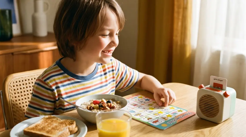 A child happily eating breakfast during a peaceful screen free morning routine at home.