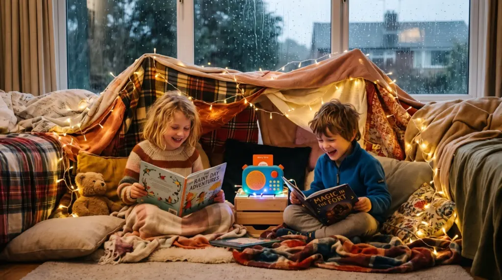 Children playing screen free activities for rainy days inside a cozy blanket fort at home.