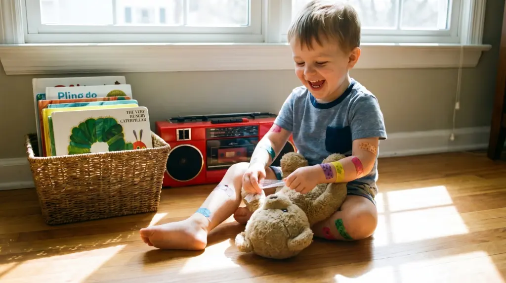A child enjoying screen free activities for 3 year olds with a pretend stuffed animal veterinary clinic.