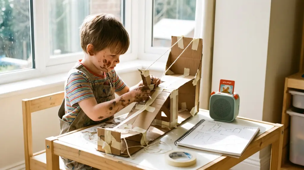 A child engaged in screen free activities for 5 year olds building a STEM project at home.