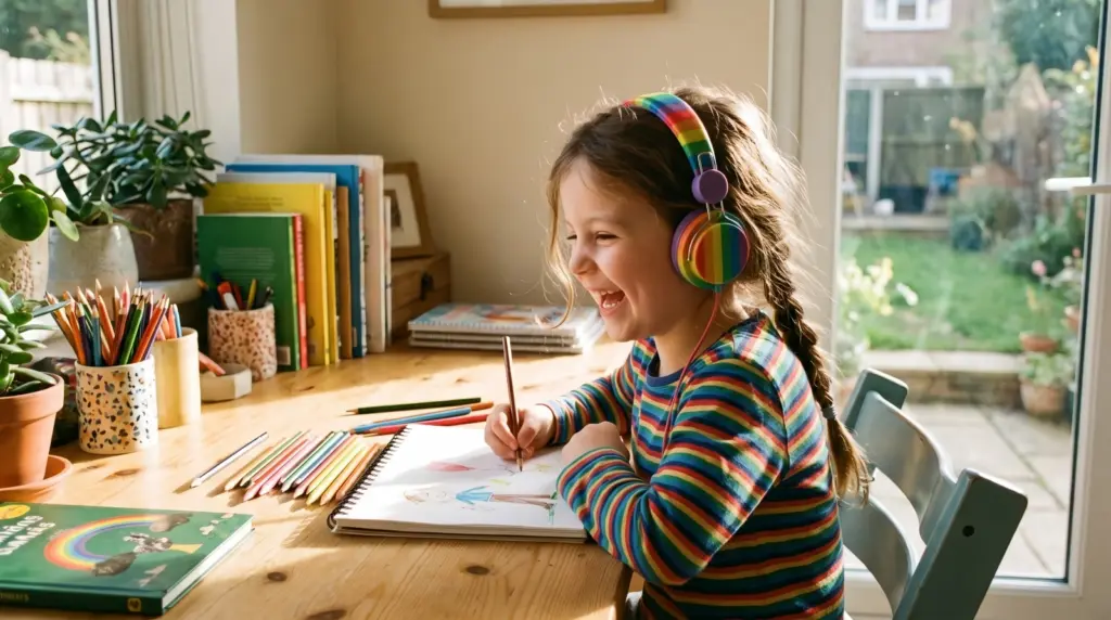 A child wearing the best headphones for kids audio while listening to an audiobook.