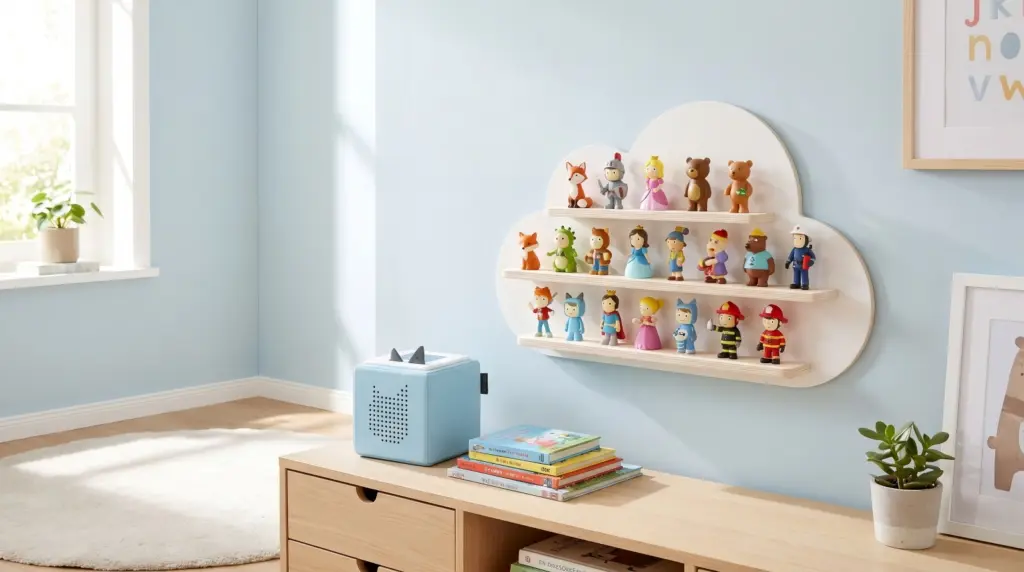 A child demonstrating how to organize Tonie figures on a wall-mounted magnetic shelf.