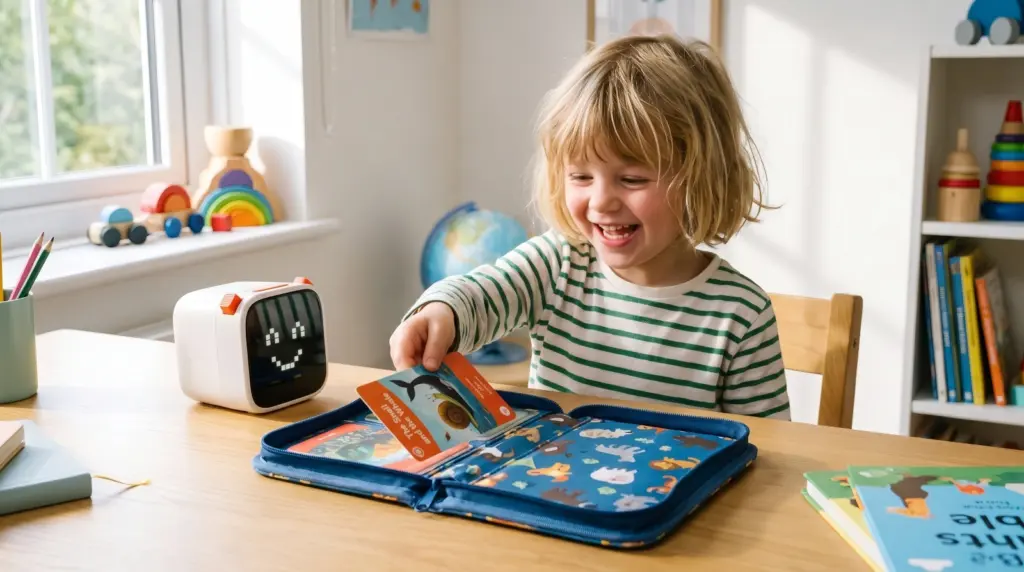 A child demonstrating how to organize Yoto cards into a zippered storage binder.