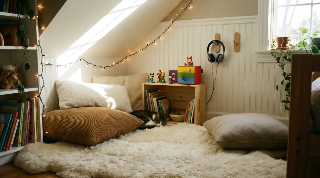 A cozy DIY audio story station set up in a child's bedroom with cushions and an audio player.