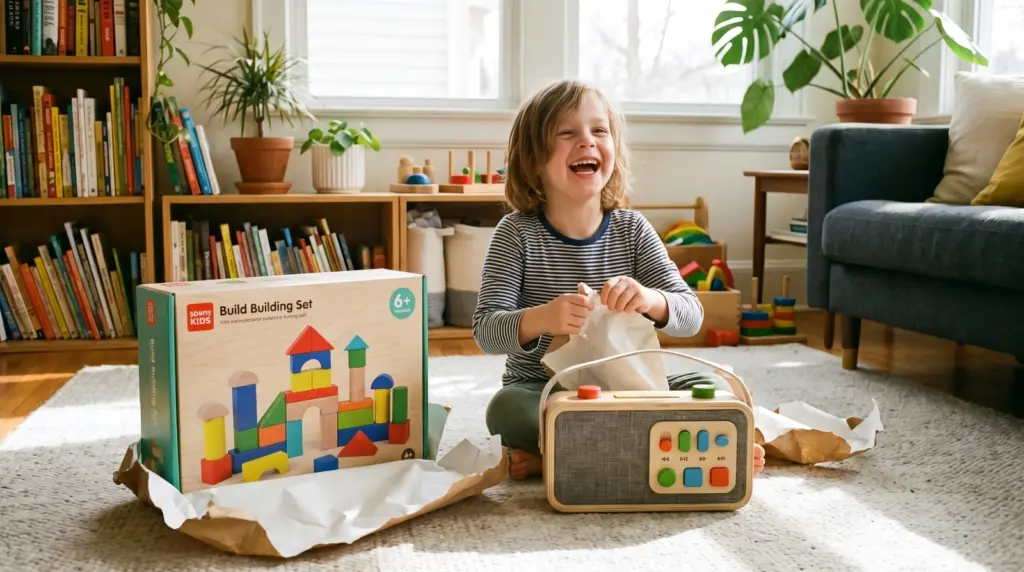 A child opening thoughtful screen free gifts for kids on a living room rug.
