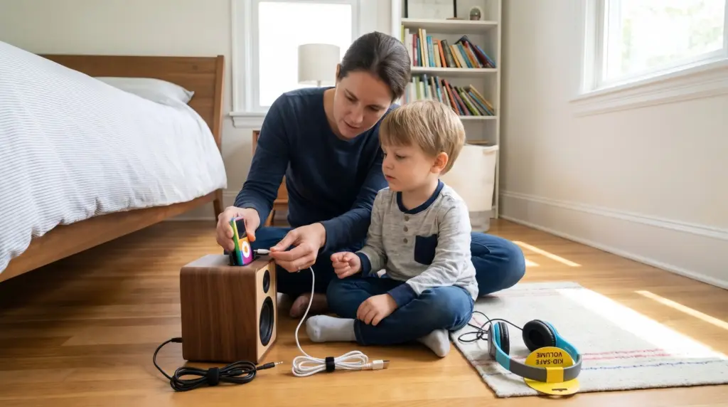 A parent demonstrating audio player safety for children with a secure kids' audio player setup.