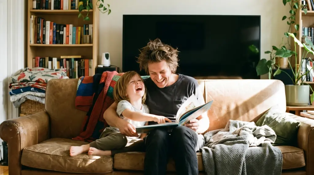 A parent and child reading together, illustrating how much screen time should children have for balanced family health.
