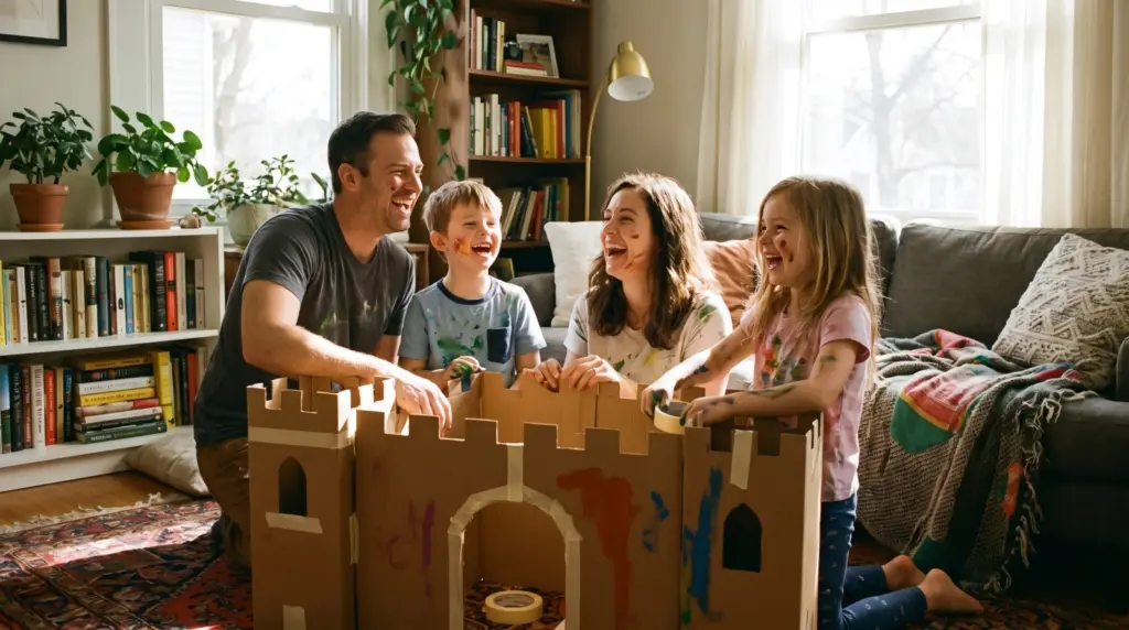 A family enjoying a screen free family challenge building cardboard crafts together in their living room.