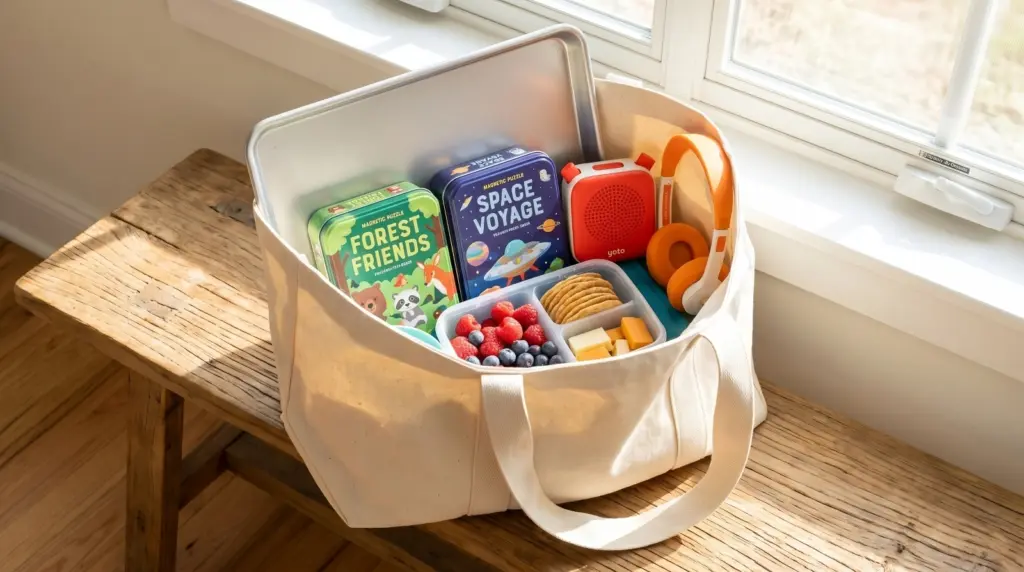 A neatly organized screen free road trip kit packed with travel activities and an audio player.
