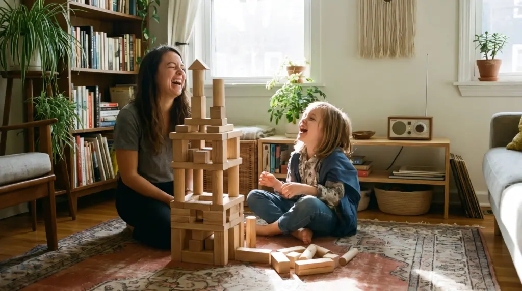 : A parent and child engaged in creative play following low screen parenting tips at home.