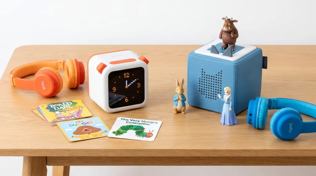 Best kids audio players compared side by side showing Yoto Player and Toniebox on a wooden table.