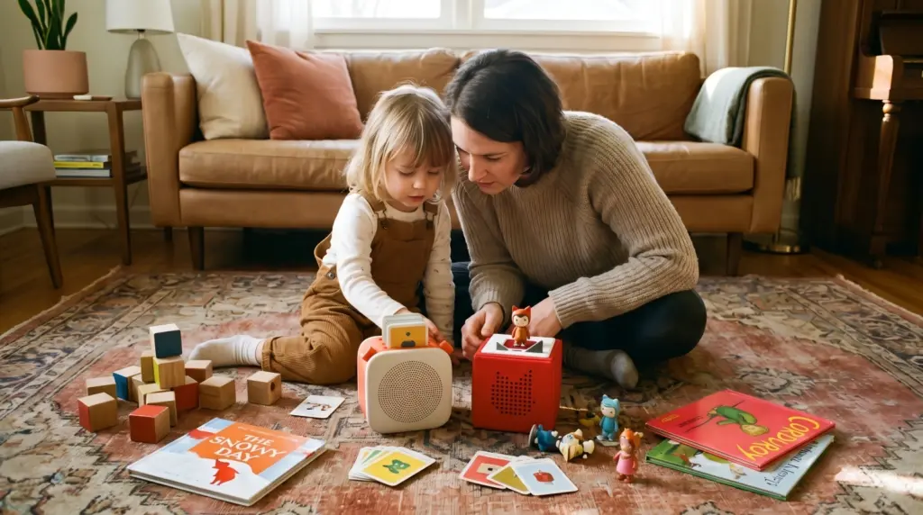 A parent helping a child evaluate a screen-free audio player for kids on a living room floor.