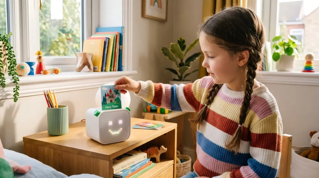 Yoto Player review showing a child inserting an audio card into the Yoto Player 4th Gen.