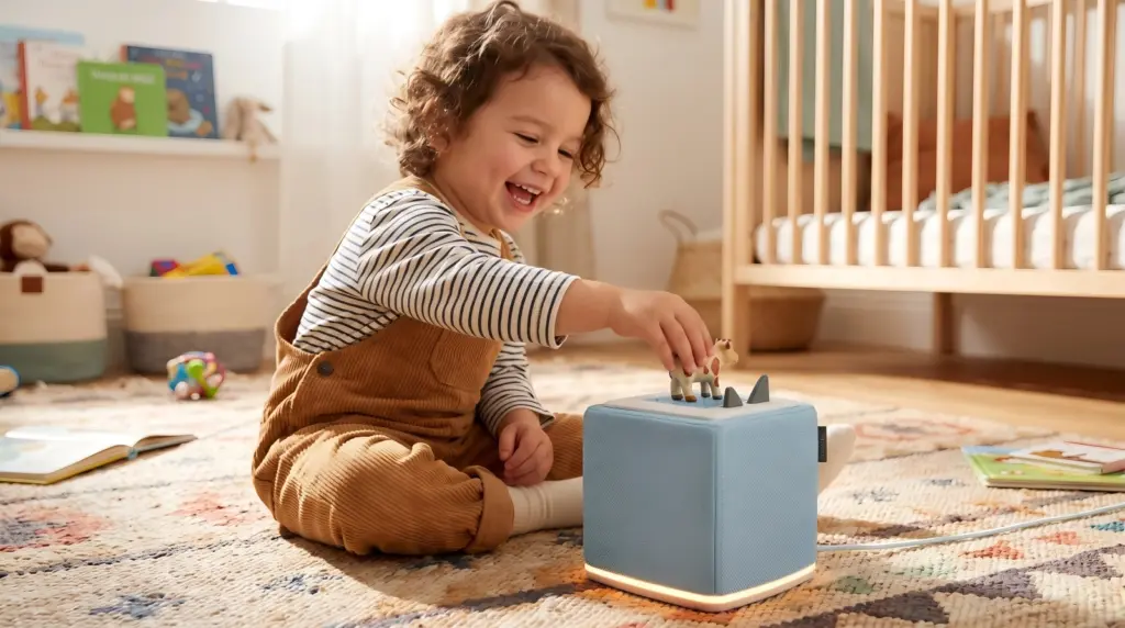 Toniebox review showing a young child using a Toniebox 2 with figurines on a nursery floor.