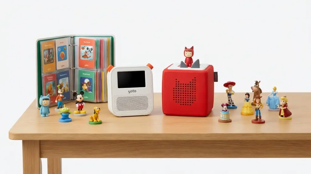 Yoto vs Toniebox comparison showing Yoto Player 4th Gen and Toniebox 2 on a wooden table.